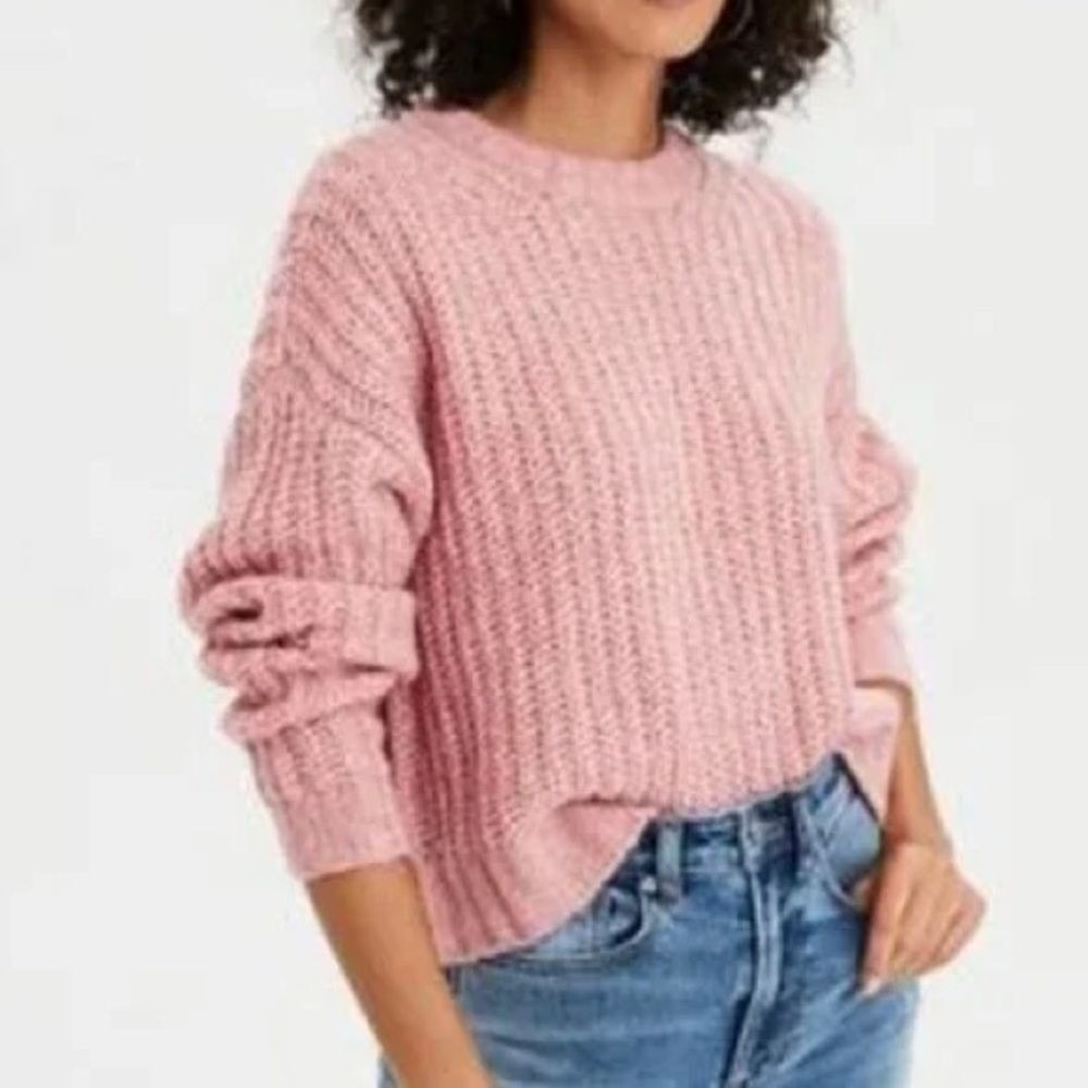 AMERICAN EAGLE Women's Chunky Open Knit Cropped Sweater Pink Small